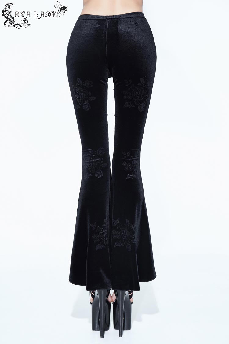 Black Side Bead Chain Flowers Splice Rose Pattern Lace Embossed Women's Gothic Knitted Flare Trousers - Product - 5