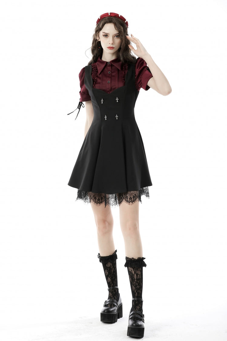 Wine Red Point Collar Short Puff Sleeves Ruffled Women's Gothic Elegant Blouse - Product - 9