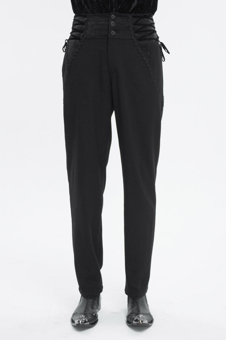 Black Lace Trim Embellished High Waisted Men's Gothic Pants - Black - 1
