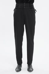 Black Lace Trim Embellished High Waisted Men's Gothic Pants - Black - 1