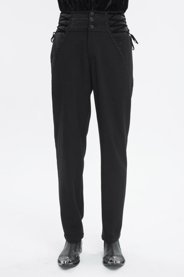 Black Lace Trim Embellished High Waisted Men's Gothic Pants - Black - 1