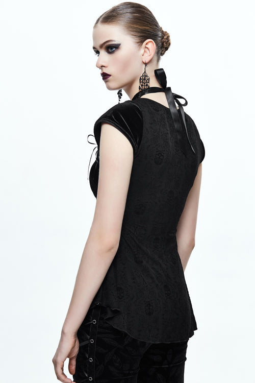Black Sexy Halter Skull Pattern Velvet Womens Gothic T-Shirt - Product - 2