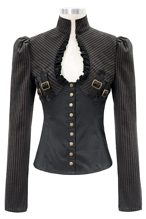 Black And Coffee Striped Low Collar Sexy Womens Punk Blouse - Product - 4
