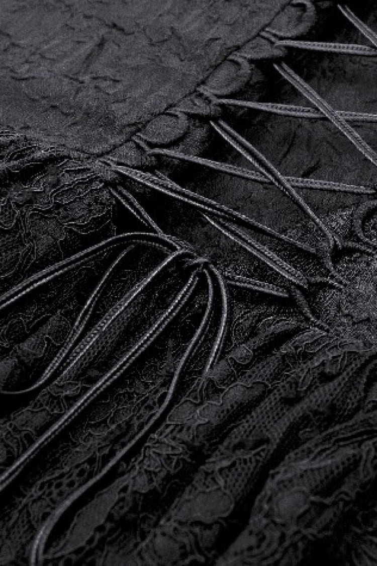 Black V Collar Sleeveless Multi-Layered Lace Trim Lace-Up Women's Gothic Party Slip Graduation Dress - Product - 15