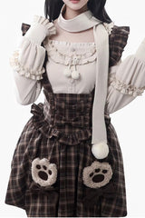Brown [Fluffy Little Bear] Plaid Printed Ruffled Bow Sweet Lolita Strap Dress - Product - 5