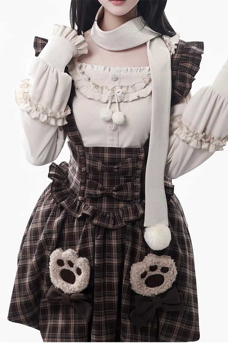 Brown [Fluffy Little Bear] Plaid Printed Ruffled Bow Sweet Lolita Strap Dress - Product - 5