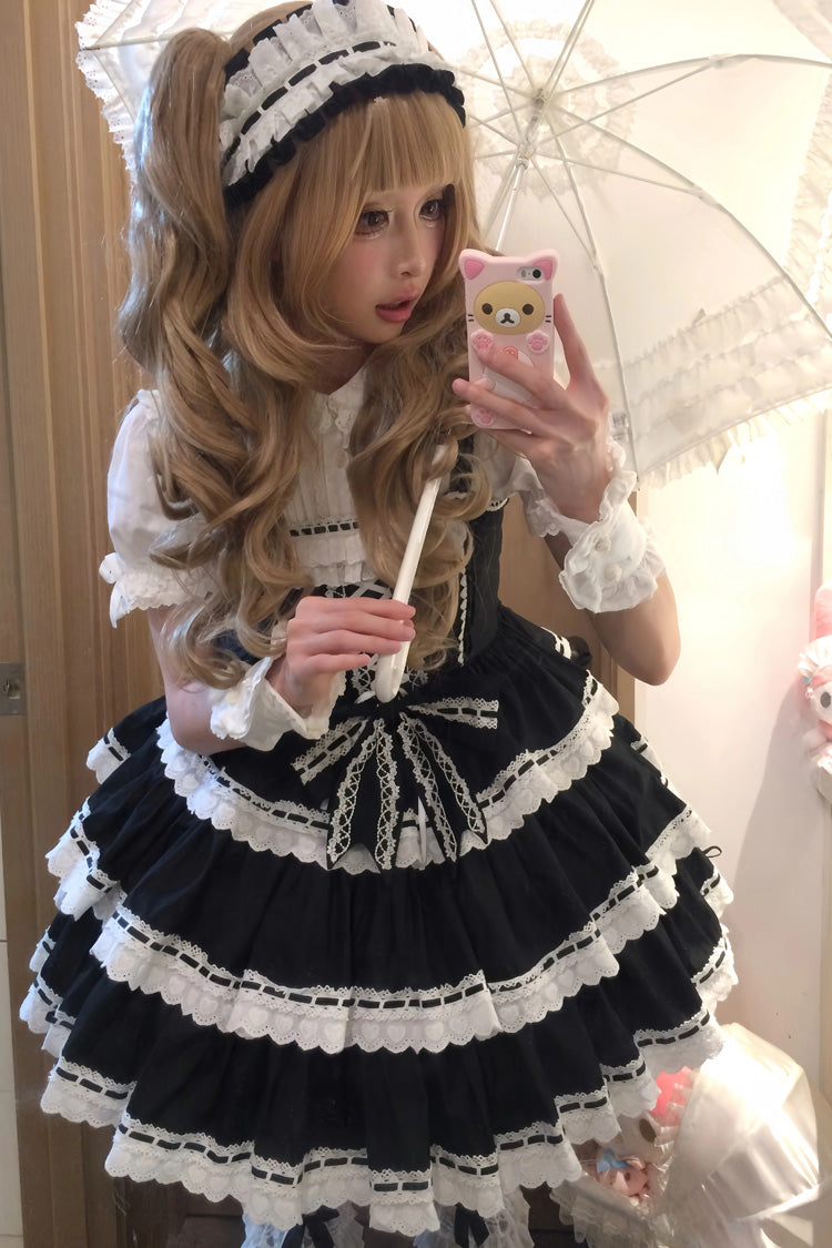 Black [Maiden Heart] Triple-Layered Ruffle Bowknot Lace Sweet Lolita Jsk Dress - Product - 9