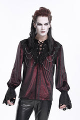 Wine Red V Collar Long Sleeves Lace-Up Chain Men's Gothic Blouse - Product - 8