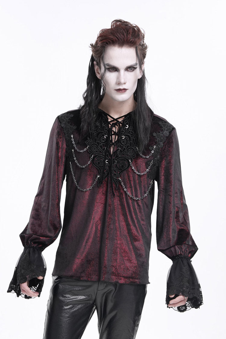 Wine Red V Collar Long Sleeves Lace-Up Chain Men's Gothic Blouse - Product - 8