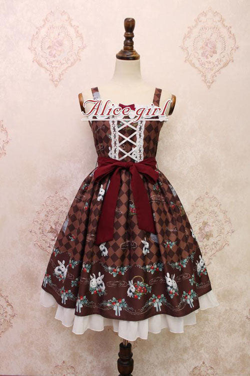Strawberry Bunny Print Bowknot Ruffled Sweet Lolita JSK Dress 4 Colors - Coffee - 6