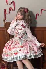 Mint Strawberry Dessert Print Natural Waisted Ruffle Bowknot Sweet Lolita JSK Dress 4 Colors - Product - 10