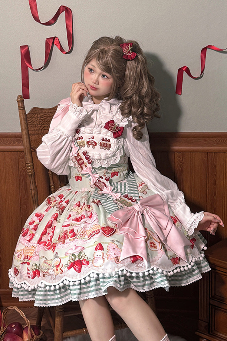 Mint Strawberry Dessert Print Natural Waisted Ruffle Bowknot Sweet Lolita JSK Dress 4 Colors - Product - 10