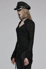 Black Diamond Pattern Round Collar Irregular Drawstring Women's Gothic Shirt - Product - 2