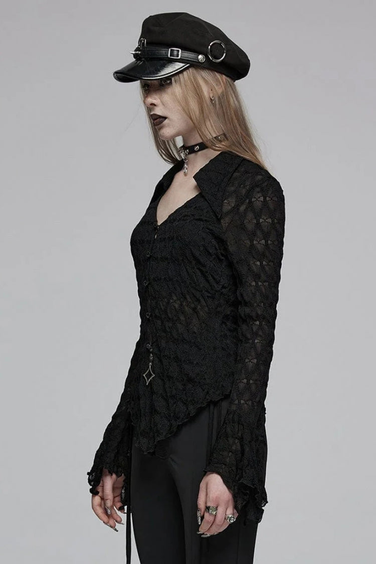 Black Diamond Pattern Round Collar Irregular Drawstring Women's Gothic Shirt - Product - 2