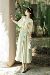 Green/Apricot [Green Grapes] High Waisted Printed Women's Daily Sweet Hanfu Dress Set - Product - 5