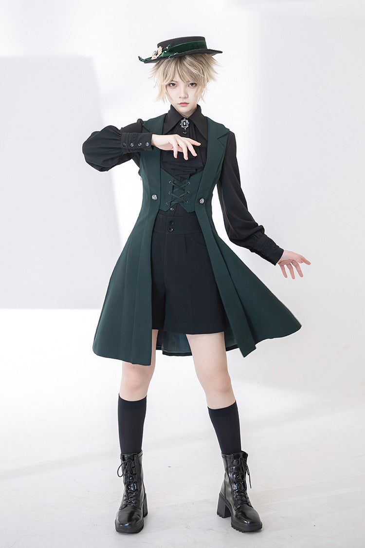 Green Lace-Up Slim Gothic Vintage Handsome Ouji Lolita Vest - Product - 5