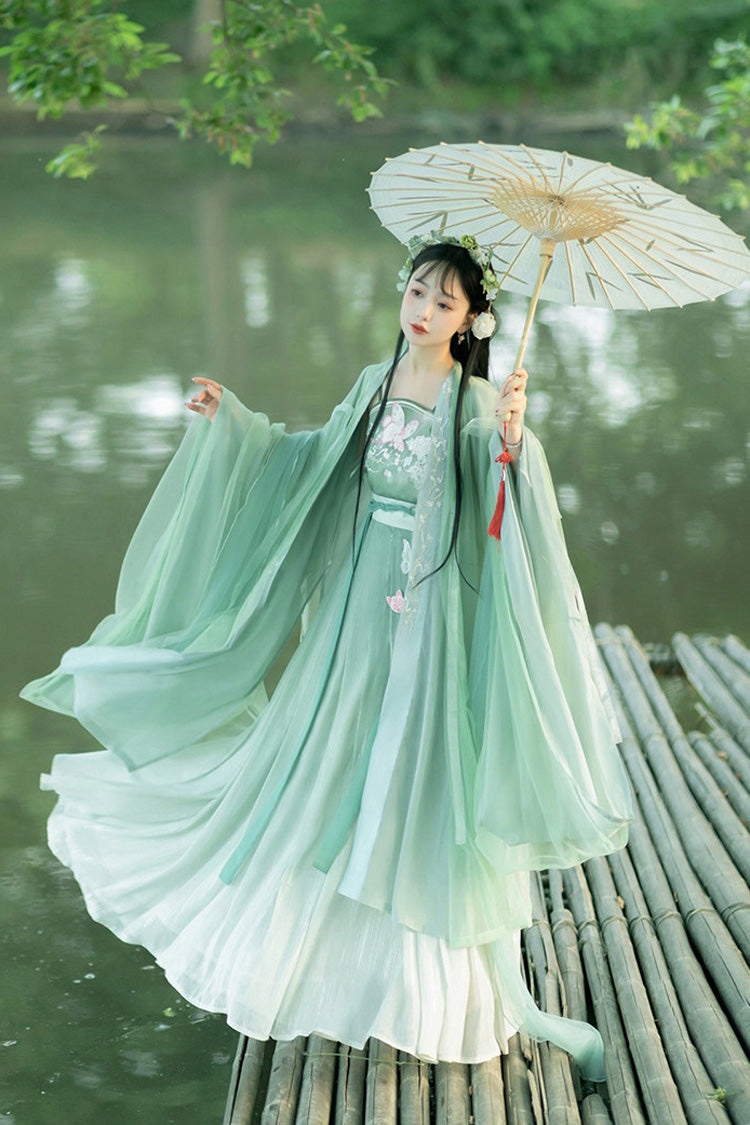 Original Chinese Han Elements Ancient Double Layer Long Sleeves Sweet Hanfu Dress Full Set - Green - 1