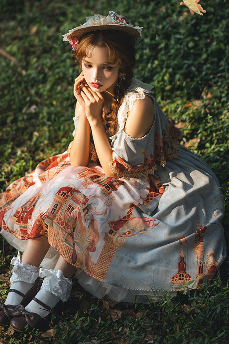 Multi-Color European Architectural Oil Painting Print Off Shoulder Short Sleeves Bowknot Sweet Lolita Dress - Product - 4