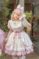 White/Pink Short Sleeves Multi-layer Ruffle Bowknot Sweet Lolita Dress - White/Pink - 1
