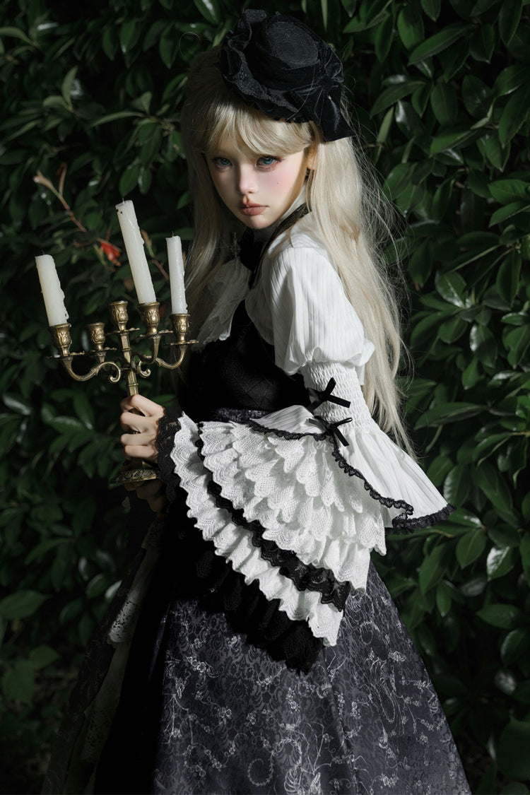 Black/White Print Bone Magic Ruffle Cardigan Lace Classic Gothic Princess Lolita Jsk Dress - Product - 8