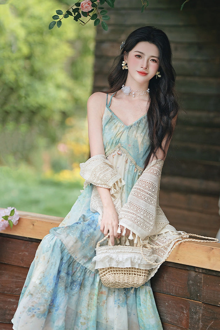 Blue/Green V Collar Sleeveless Ombre French Oil Painting Printed Ruffled Sweet Lolita Jsk Dress - Product - 2