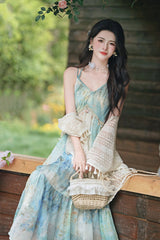 Blue/Green V Collar Sleeveless Ombre French Oil Painting Printed Ruffled Sweet Lolita Jsk Dress - Product - 2