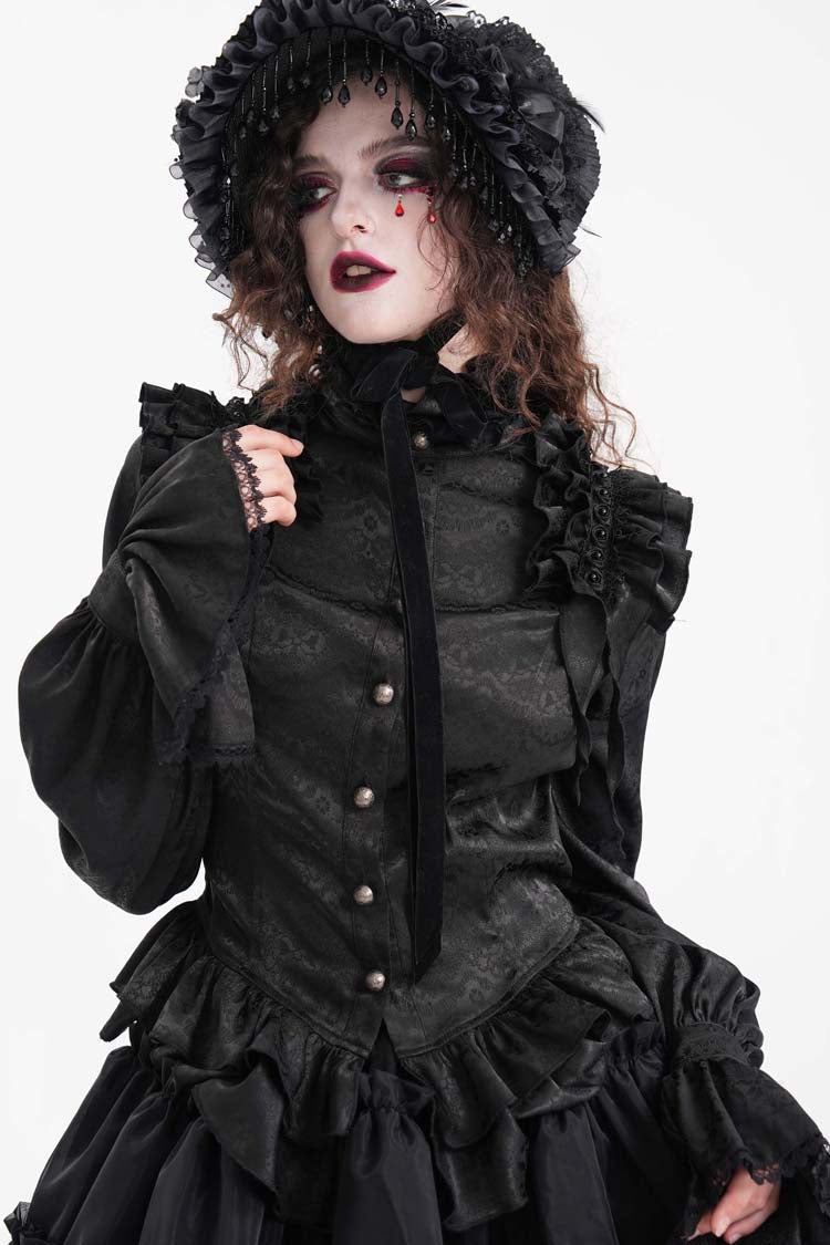 Black Long Sleeves Print Ruffle Lace Women's Gothic Blouse - Product - 2