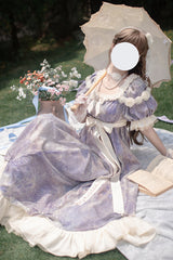 Purple [Oil Painting Sun and Moon Poem] Short Sleeves Print Ruffle Bowknot Sweet Princess Lolita Dress - Product - 8