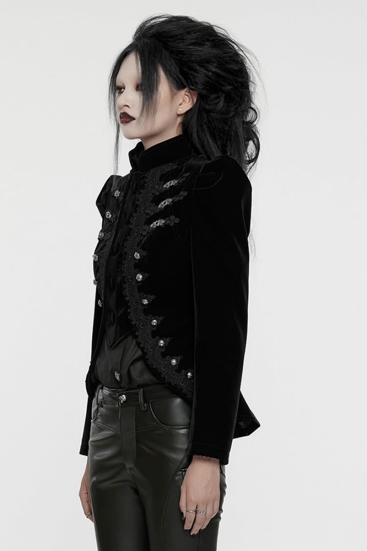 Black Stand Collar Long Sleeves Women's Gothic Swallowtail Coat - Product - 2