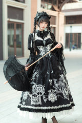 Black [Feast of Bones] Print Ruffle Bowknot Lace Gothic Elegant Lolita Long Dress - Black - 1