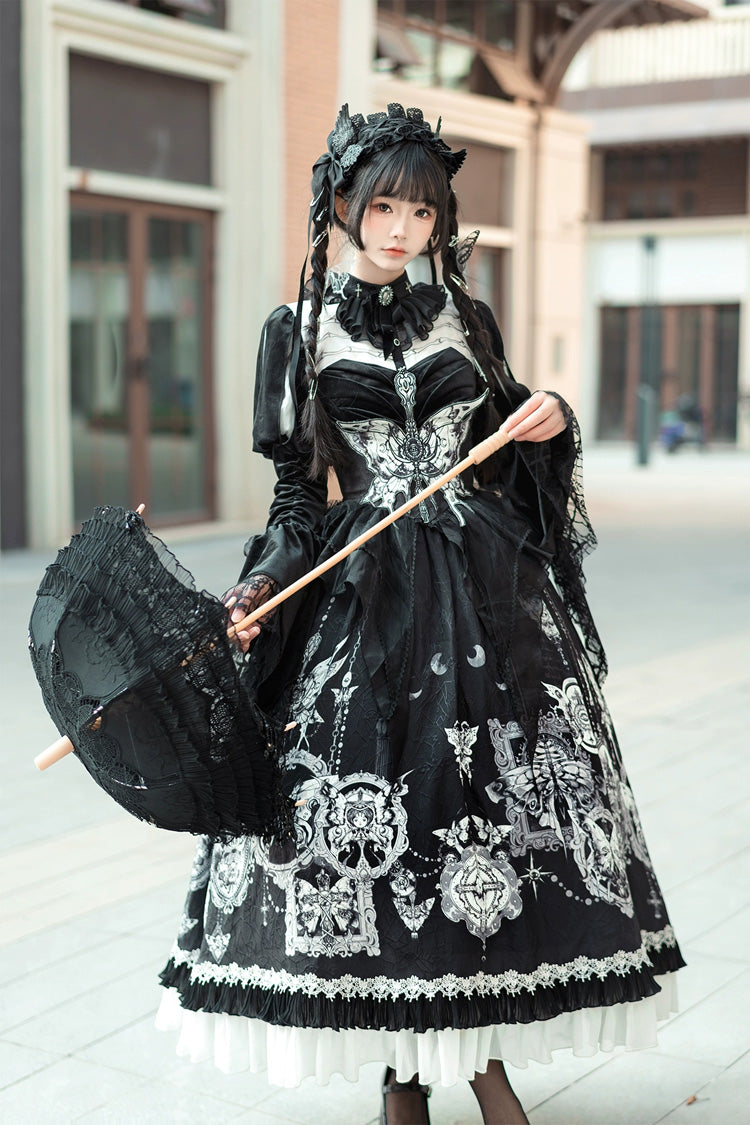 Black [Feast of Bones] Print Ruffle Bowknot Lace Gothic Elegant Lolita Long Dress - Black - 1