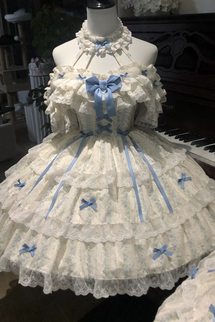 Blue/Ivory Halterneck Sleeveless Triple-Layered Floral Printed Ruffled Bow Lace Sweet Lolita Jsk Dress Set - Product - 2
