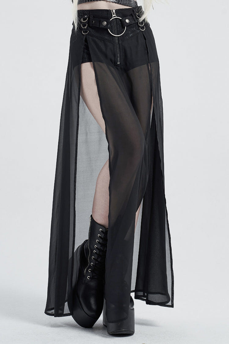 Fake Two Pieces PU Leather Stitching Sheer Women's Steampunk Skirt 2 Colors - Black - 8