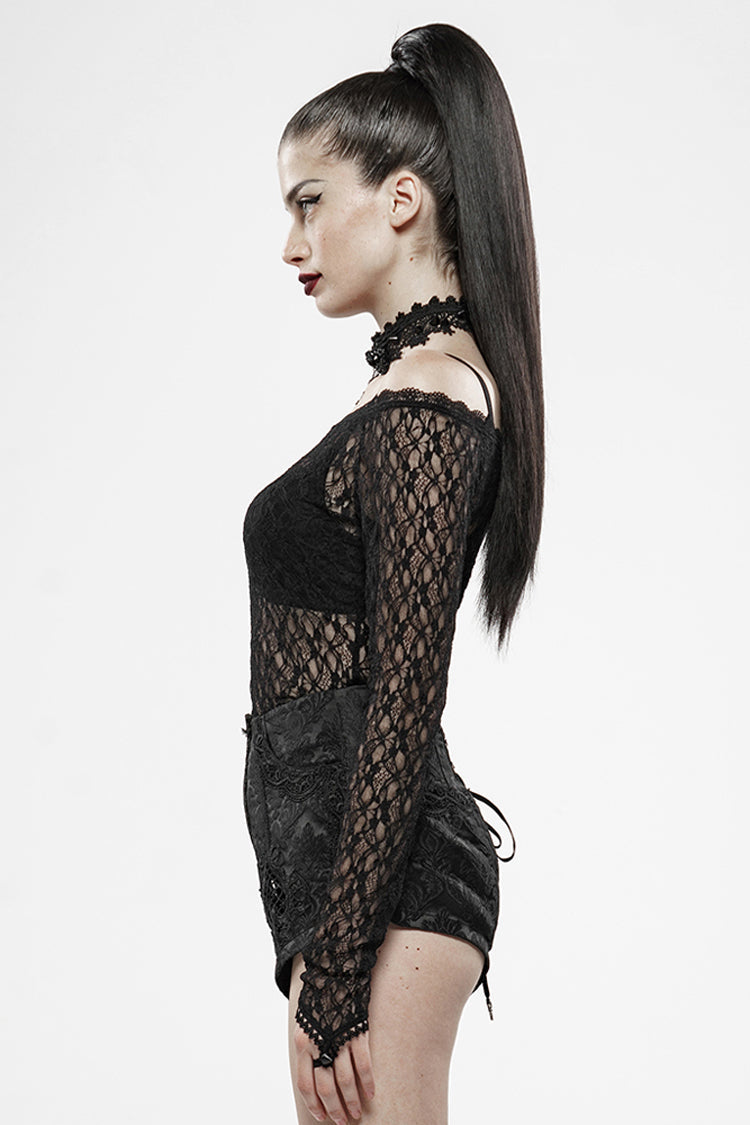 Black Long Sleeves One-Word Collar Transparent Lace Women's Gothic T-Shirt - Product - 2