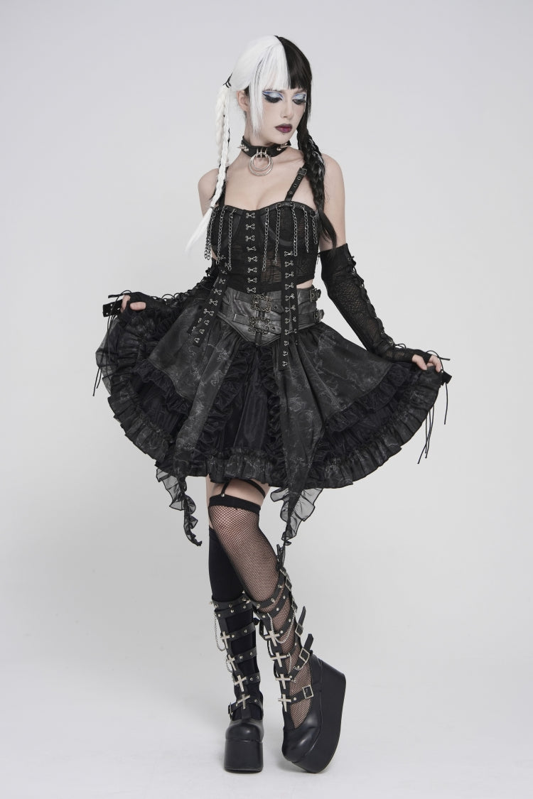 Black Off Shoulder Lace Lace-Up Slim Mesh Strappy Chain-Decorated Eyelet Women's Punk Corset - Product - 11