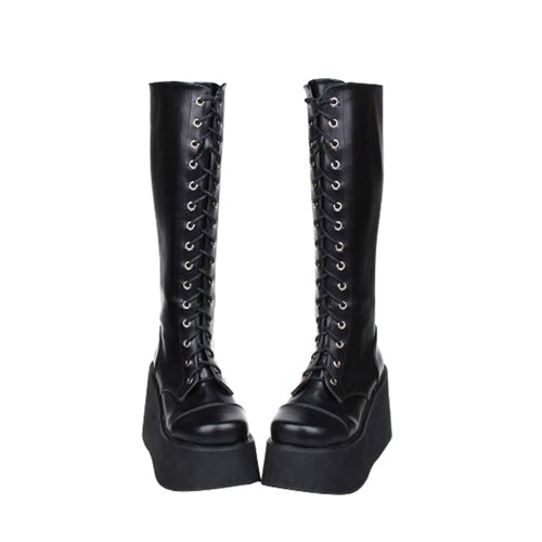 Black Concise Lace Up Sweet Lolita High Boots - Product - 3