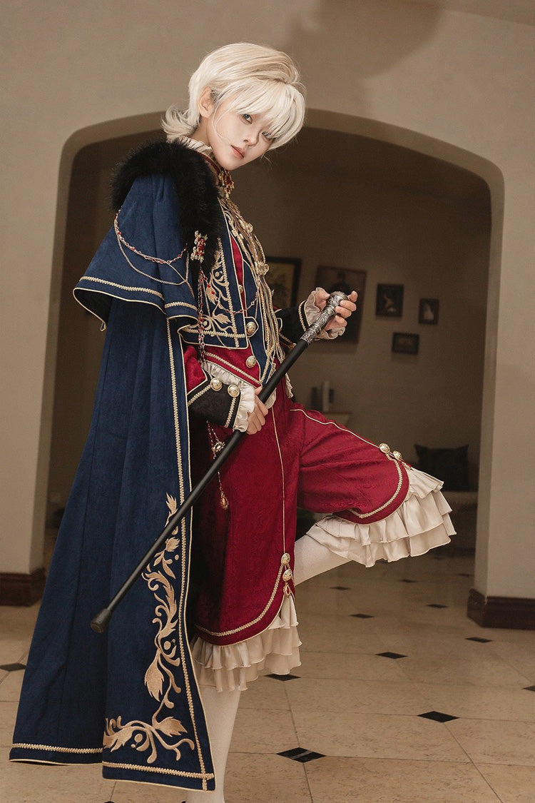 Red/Blue [Royal Glory] Stand Collar Long Sleeves Ruffled Embroidered Gothic Vintage Prince Palace Ouji Lolita Set - Product - 11