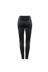 Black Textured Pattern Lace Decoration Metal Zipper Mid-High Waist Tie Women's Gothic Trousers - Product - 8