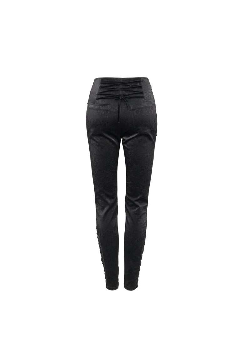 Black Textured Pattern Lace Decoration Metal Zipper Mid-High Waist Tie Women's Gothic Trousers - Product - 8