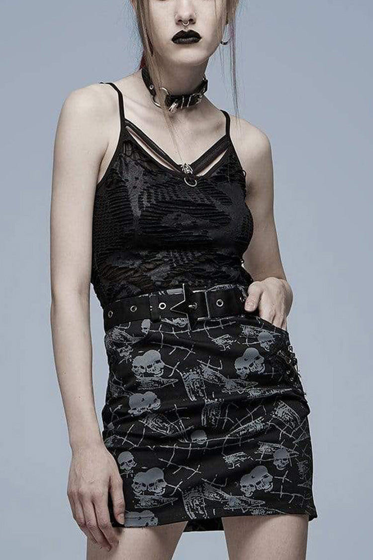 Black Gothic Daily Stretch Knit Metal Skull Decoration Sexy Women's Camisoles - Black - 1