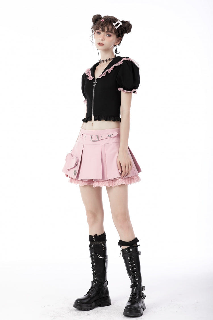 Black/Pink Short Puff Sleeves Lace Ruffled Lace-Up Zippered Women's Lolita Gothic Crop Top with Cat Hood - Product - 10