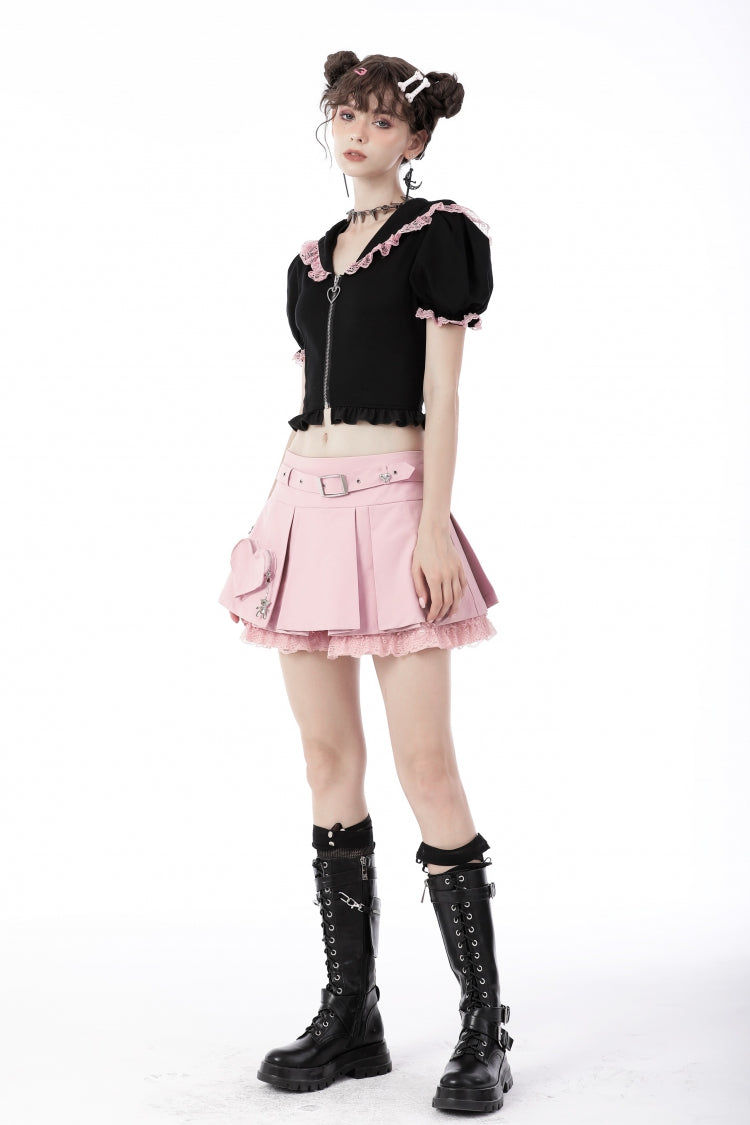 Black/Pink Short Puff Sleeves Lace Ruffled Lace-Up Zippered Women's Lolita Gothic Crop Top with Cat Hood - Product - 10
