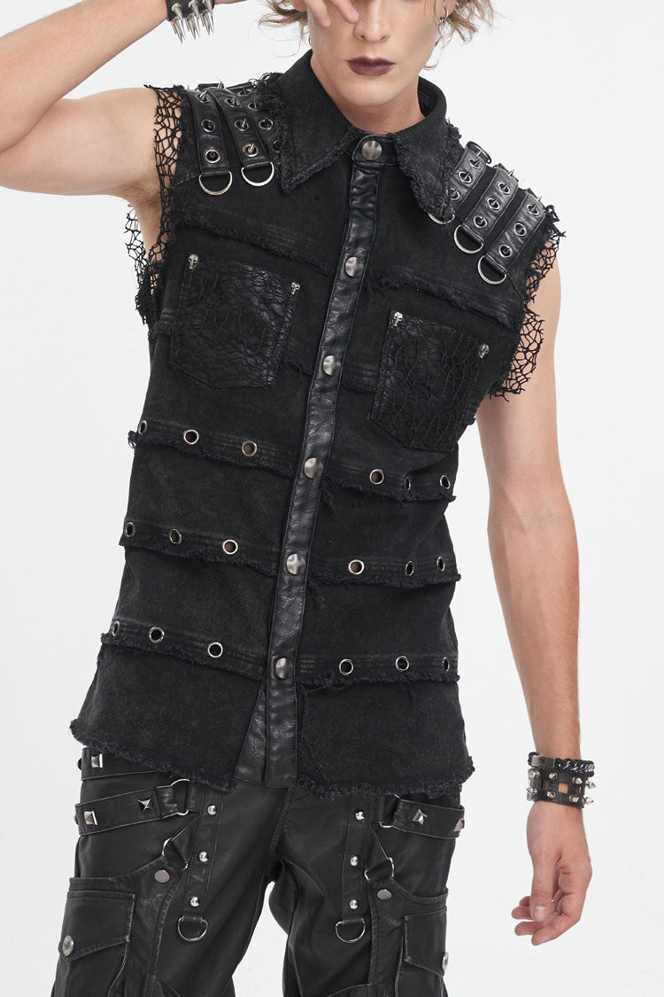 Black Lapel Collar Studded Slim Men's Punk Vest - Black - 1