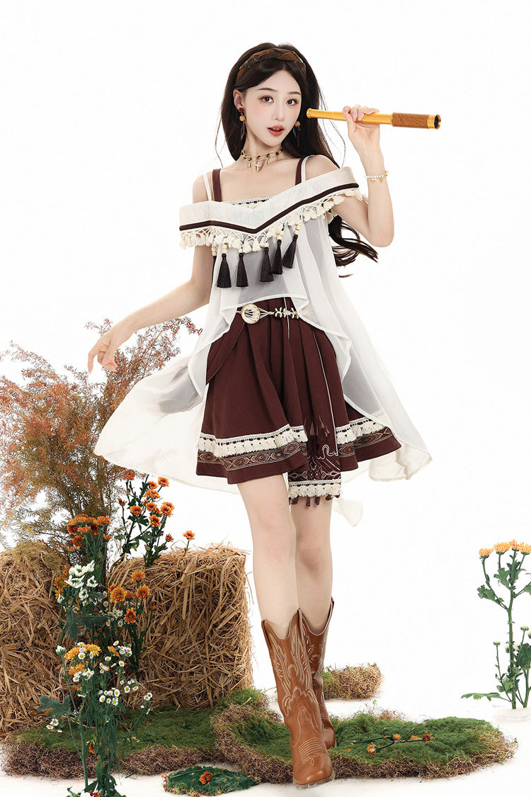 Brown [Dream of the Wilderness] Square Collar Sleeveless Embroidered Sweet Lolita Jsk Dress Set - Brown(Set) - 1