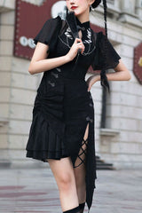 Original Chinese Han Elements Black Embroidered Cheongsam Classic Lolita Hanfu Dress - Black - 1