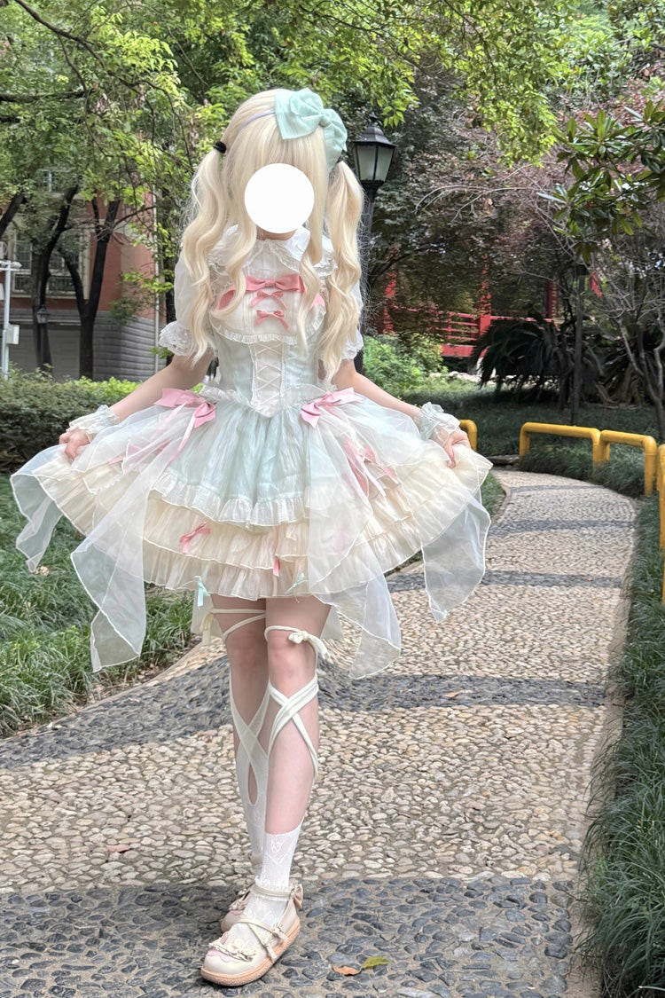 Green [Camellia Love] Sleeveless Triple-Layered Ruffle Bowknot Lace Sweet Princess Lolita Jsk Dress - Product - 4