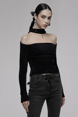 Black Knitted Tight Hollow-Carved Design Metal Cross Decoration Long Sleeve Women's Punk Top - Product - 2