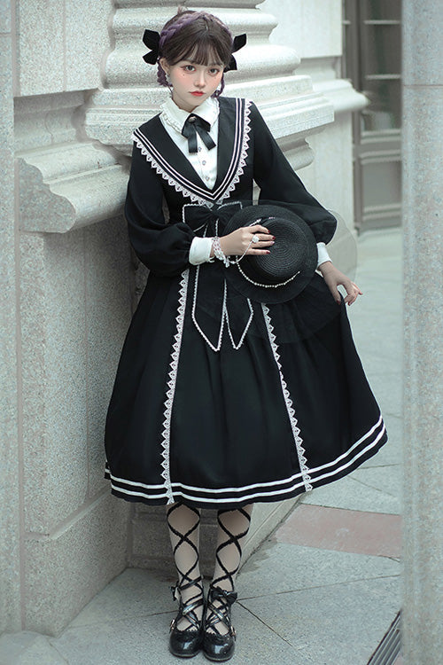 Black Elegant Bowknot Long Sleeves College Style Gothic Lolita Dress - Product - 3