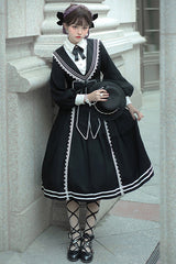 Black Elegant Bowknot Long Sleeves College Style Gothic Lolita Dress - Product - 3