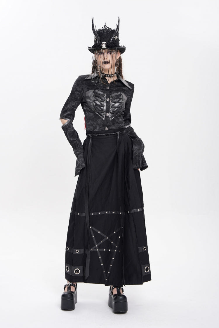 Black Eyelets Rivets Pentacle Horse-face Women's Punk Skirt - Product - 12